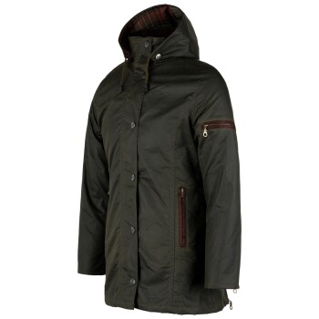 Dunkelgrüne wasserdichte Hundejacke mit Kapuze, Knopfverschluss und Reißverschlusstaschen, kariertes Futter sichtbar in der Kapuze.