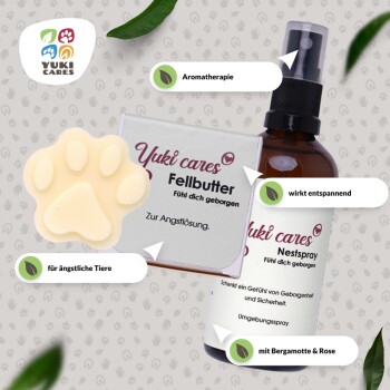 Yuki Haustierprodukte: pfotenförmige Fellbutter und Nestspray-Flasche zur Beruhigung ängstlicher Haustiere, mit Bergamot- und Rosenbestandteilen.