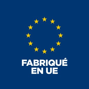 Fond bleu avec cercle jaune de 12 étoiles de l'UE et texte blanc «FABRIQUÉ EN UE» (Fabriqué dans l'UE)