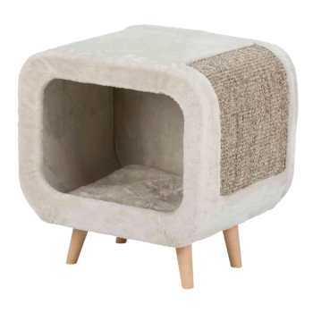 Ein gemütliches, modernes Haustierbett mit einem weichen, plüschigen Innenraum und einer strukturierten Seitenwand, unterstützt von Holzbeinen.