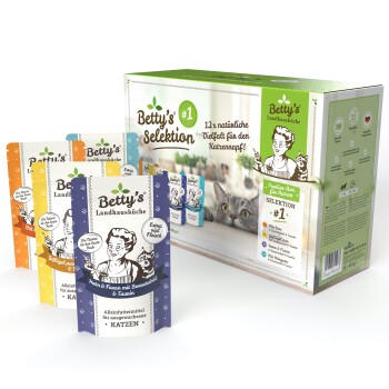 Betty's Selektion #1 Haustierfutterbox mit 12 natürlichen Sorten für Katzen, mit buntem Verpackungsdesign und Nährwertangaben.