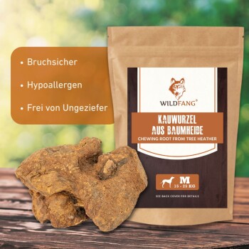Bild zeigt verschiedene Größen von Hundekauartikeln, die mit S, M, L, XL und XXL beschriftet sind, mit einer Beschreibung auf Deutsch: "Baumheide für Hunde aller Größen und Rassen."