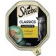 Sheba Classics Katzenfutter in Pastete, Geschmacksrichtung Geflügel Cocktail, 85g Verpackung mit einer grauen Katze und einem Teller mit Pastetestücken.