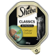 Nourriture pour chats Sheba Classics en pâté, saveur Geflügel Cocktail, emballage de 85g mettant en vedette un chat gris et une assiette avec des morceaux de pâté.