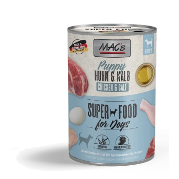 Dose MAC's Puppy Chicken & Calf Hundefutter, getreidefrei, hoher Fleischanteil, hergestellt in Deutschland.