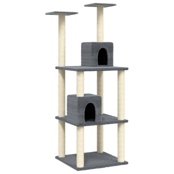 Grauer mehrstöckiger Katzenbaum mit zwei geschlossenen Würfelhäusern, Kratzpfosten und zwei erhöhten Plattformen.