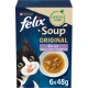 Opakowanie karmy dla kotów Felix Soup Original z figlarnym czarno-białym kotem i miską z zupą mięsną. Tekst: "2x z wołowiną, kurczakiem, tuńczykiem" oraz "6x48g".
