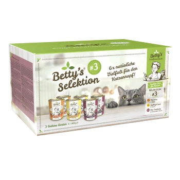 Betty's Selektion #3 Katzenfutterbox mit sechs 400g Dosen in verschiedenen Geschmacksrichtungen, mit einer verspielten Katze im Hintergrund.