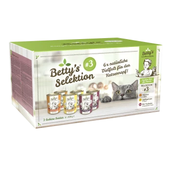 Betty's Selektion #3 Katzenfutterbox mit sechs 400g Dosen in verschiedenen Geschmacksrichtungen, mit einer verspielten Katze im Hintergrund.