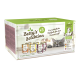 Betty's Selektion #3 Katzenfutterbox mit sechs 400g Dosen in verschiedenen Geschmacksrichtungen, mit einer verspielten Katze im Hintergrund.
