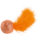Orange cat toy featuring a fuzzy feather tail attached to a mesh ball, designed for playful pets.