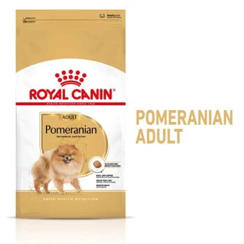 Torba karmy dla psów Royal Canin Pomeranian Adult z ilustracją puszystego Pomeraniana, z tekstem podkreślającym korzyści odżywcze.