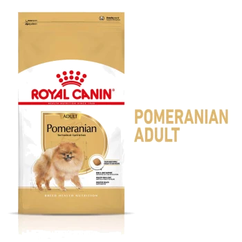 Torba karmy dla psów Royal Canin Pomeranian Adult z ilustracją puszystego Pomeraniana, z tekstem podkreślającym korzyści odżywcze.