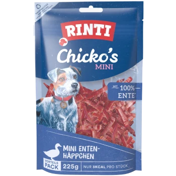 RINTI Chicko's Mini Hundesnack-Pack mit Terrier-Illustration, zerkleinerten Entenleckerlis, Aufdruck 'MIT 100% ENTE', 225 g