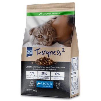 NutriQM Tastyness² Katzenfutterbeutel mit einer grauen Katze, beschriftet mit 75% Fleisch, 25% Gemüse, 0% Getreide, 500g Nettogewicht.