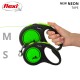 A hand holding two Flexi neon tape leashes in green and black, labeled 'M' and 'S' for medium and small sizes, respectively.