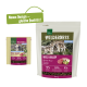 Zwei Tüten Hundefutter "Wilderness Wild Valley", die Wölfe zeigen und 70% Fleisch, 30% Gemüse und 0% Getreide hervorheben.