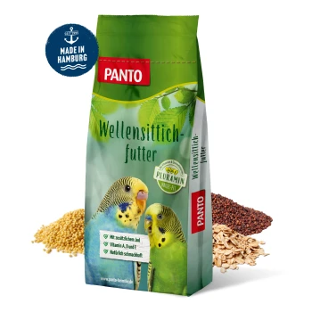 Eine Tüte Panto Wellensittichfutter mit zwei bunten Wellensittichen und Text über zugesetztes Jod sowie die Vitamine A, D und E.