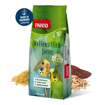 Eine Tüte Panto Wellensittichfutter mit zwei bunten Wellensittichen und Text über zugesetztes Jod sowie die Vitamine A, D und E.