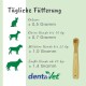 Tägliche Fütterungsempfehlungen für Haustiere: Katzen 0,5 g, kleine Hunde 0,7 g, mittelgroße Hunde 1,0 g, große Hunde 1,4 g, mit einem Holzlöffel. DentaVet-Logo.