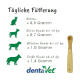 Tägliche Fütterungsempfehlungen für Haustiere: Katzen 0,5 g, kleine Hunde 0,7 g, mittelgroße Hunde 1,0 g, große Hunde 1,4 g, mit einem Holzlöffel. DentaVet-Logo.