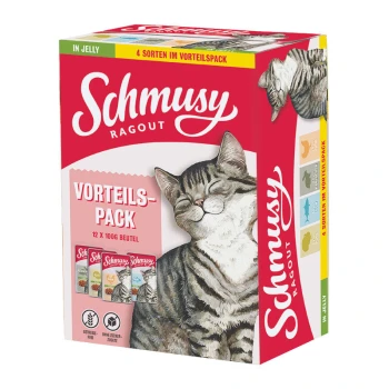 Schmusy Ragout Katzenfutterpackung mit einer zufriedenen getigerten Katze auf der Box, beschriftet mit "Vorteils-Pack" mit 12 x 100g Beuteln in Gelee.