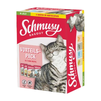 Schmusy Ragout Katzenfutterpackung mit einer zufriedenen getigerten Katze auf der Box, beschriftet mit "Vorteils-Pack" mit 12 x 100g Beuteln in Gelee.