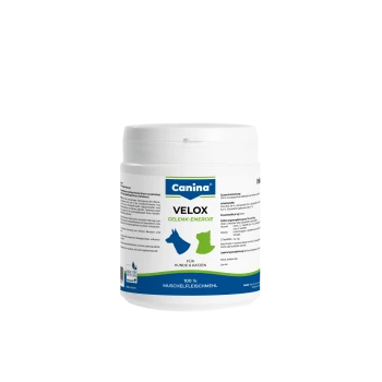 Canina Velox Gelenk-Energie Ergänzung für Hunde und Katzen, mit einem weißen Behälter mit blauen und grünen Akzenten und Nährwertinformationen.
