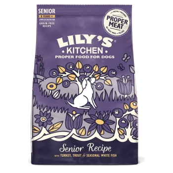 Lily's Kitchen Senior Recipe dog food bag featuring a white dog among colorful flowers, labeled with "Complete Nutrition" and "Grain Free."