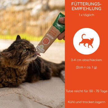 Eine flauschige braune getigerte Katze leckt eine Tube mit Vitaminpaste, die mit "Natural Immune Active" beschriftet ist, mit Dosierungsanweisungen auf Deutsch.