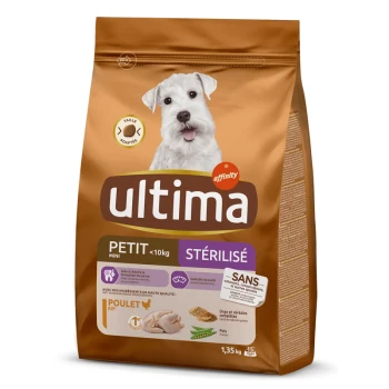 Sac brun de nourriture pour chien Ultima pour chiens stérilisés de petite taille de moins de 10 kg, avec un chien blanc souriant sur le devant, et un texte détaillant les ingrédients.