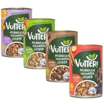 Vier Dosen Vutteri veganes Hundefutter, beschriftet mit Geschmacksrichtungen: Ente, Lamm, Wild und Rind, mit bunten Grafiken und Zutaten.