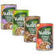 Vier Dosen Vutteri veganes Hundefutter, beschriftet mit Geschmacksrichtungen: Ente, Lamm, Wild und Rind, mit bunten Grafiken und Zutaten.