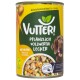Vutteri vegane Hundefutterdose mit bunten Gemüsestücken, beschriftet mit 'Pflanzlich Vollwertig Lecker' und 'Wie Huhn.'