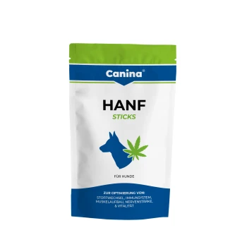 Canina-Beutel mit der Aufschrift 'HANF STICKS' (Für Hunde) — blaue Hundesilhouette mit grünem Hanfblatt auf weißer Verpackung.