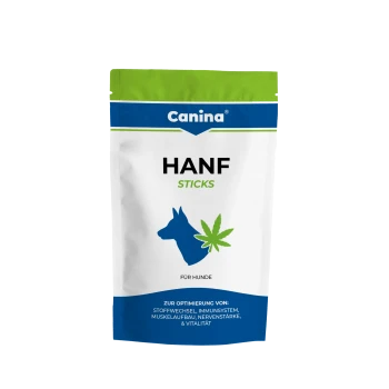Canina-Beutel mit der Aufschrift 'HANF STICKS' (Für Hunde) — blaue Hundesilhouette mit grünem Hanfblatt auf weißer Verpackung.