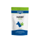 Canina-Beutel mit der Aufschrift 'HANF STICKS' (Für Hunde) — blaue Hundesilhouette mit grünem Hanfblatt auf weißer Verpackung.