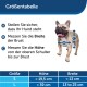 Größentabelle für Hunde mit Anweisungen zum Messen der Brustbreite und Schulterhöhe, abgebildet mit einem fröhlichen Hund.