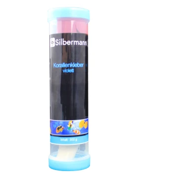 Ein zylindrischer Behälter mit violettem Korallenkleber von Silbermann, auf Deutsch beschriftet, mit einem Fassungsvermögen von 300 g und aquatischen Grafiken.