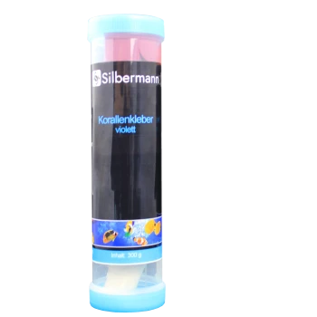 Ein zylindrischer Behälter mit violettem Korallenkleber von Silbermann, auf Deutsch beschriftet, mit einem Fassungsvermögen von 300 g und aquatischen Grafiken.