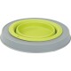 A stackable pet feeding bowl set featuring a gray outer bowl and a bright green inner bowl, designed for easy storage.