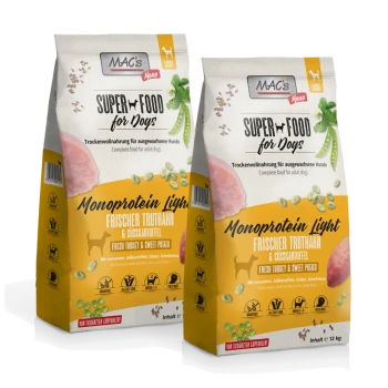 Zwei Tüten MAC's Super Food für Hunde, beschriftet mit "Monoprotein Light," mit frischem Truthahn und Süßkartoffel, insgesamt 12 kg.