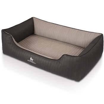 Ein plüschiges, rechteckiges Hundebett mit einem dunkelgrauen gerippten Äußeren und einem weichen beigen Inneren, mit dem Logo 'KNUFFELWUFF.'