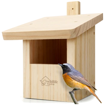 Ein hölzernes Vogelhaus mit einem schrägen Dach, mit einem kleinen Eingang und dem Logo "wildlife home", neben einem bunten Vogel, der in der Nähe sitzt.