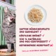 Grau getigerte Katze leckt sich die Lippen neben einem Napf; Teller mit zerkleinertem Huhn und Garnelen; deutscher Text: 'Saftige Hüh­nchenfilets und Garnelen? √ ... Getreidefreie Rezeptur? Ja!'