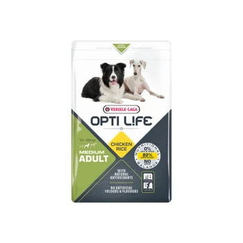 Opti Life Adult Medium 12,5 kg Hondenvoer verpakking met het merk "Opti Life", kip en rijst smaak, geschikt voor middelgrote volwassen honden (10-25 kg), met afbeeldingen van twee honden.