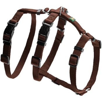 Sicherheitsgeschirr Vario Rapid braun XS-S Braunes verstellbares Haustiergeschirr mit schwarzen Schnallen und einem metallenen D-Ring zur Leinenbefestigung.