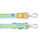 Blaue Haustierleine mit gelben und rosa Gummienten-Mustern und Metallverschlüssen, beschriftet mit "Max & Molly Urban Pets."