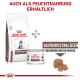 Royal Canin Veterinary Gastrointestinal Puppy Trockenfutterbeutel neben einer Dose weicher Mousse, mit einem Hinweis auf die Verfügbarkeit von Nassfutter.