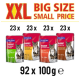 Four cans of FIT+FUN cat food in rabbit & poultry, goose & liver, turkey & beef, and veal & turkey, with a "XXL BIG SIZE SMALL PRICE" banner.